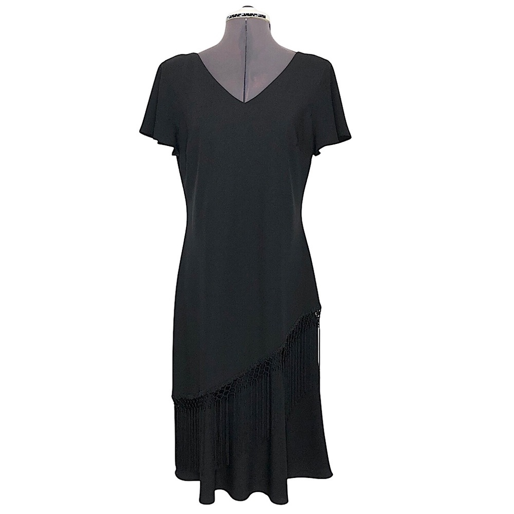 Vintage S.L. Fashion USA Made Silk‎ Fringe Pull On Shift Midi Black Dress 10